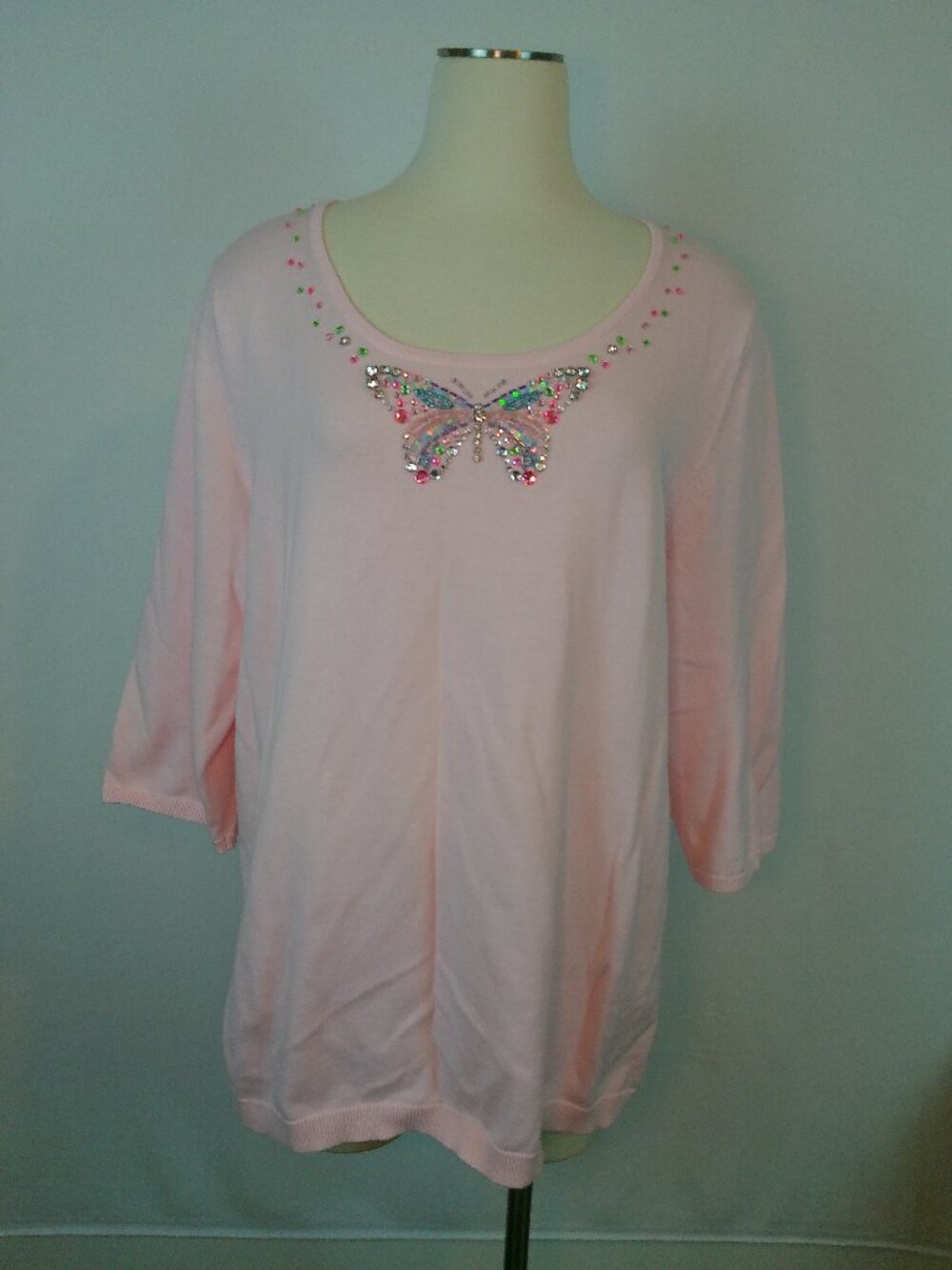 Sweater Quacker Factory 3/4 Sleeves Pink Butterfly Sparkle Size 1X